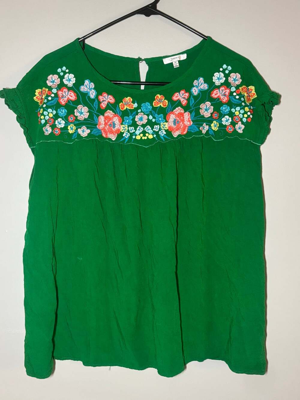 Boho Jodifl Green Floral Embroidered Peasant Blouse